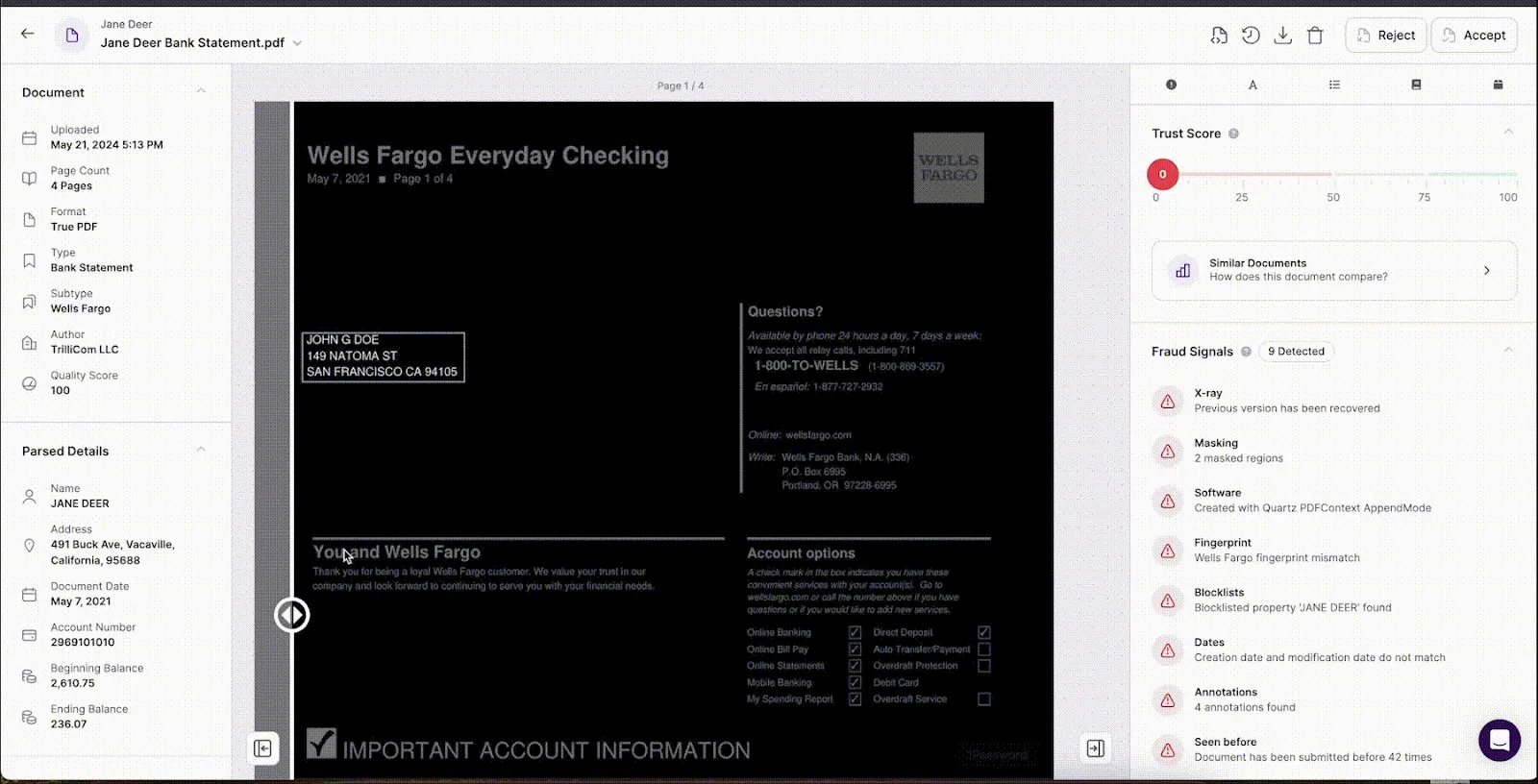 Animated demonstration of Inscribe's Document X-Ray feature revealing hidden edits and previous versions in a fraudulent Wells Fargo bank statement with a Trust Score of 0 and 9 fraud signals detected, including masking, fingerprint mismatch, and blocklist matches