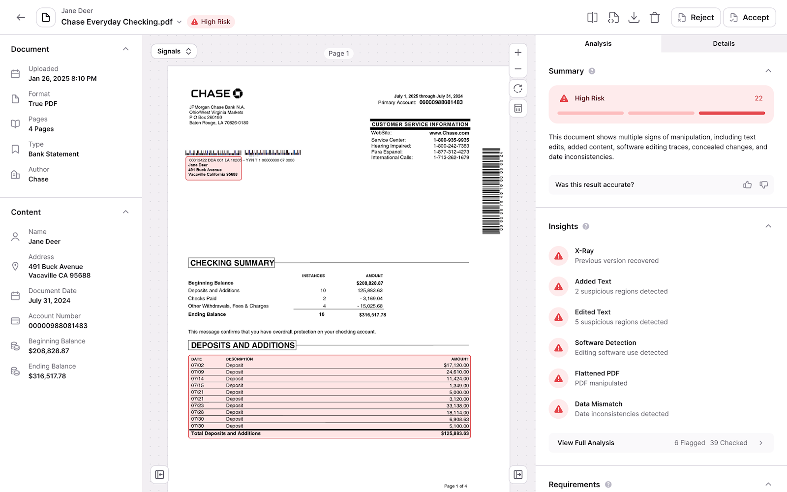 Inscribe AI's platform analyzing a Chase bank statement flagged as High Risk, showing Document X-Ray insights including edited text, added text, software detection, flattened PDF, and data mismatch signals.