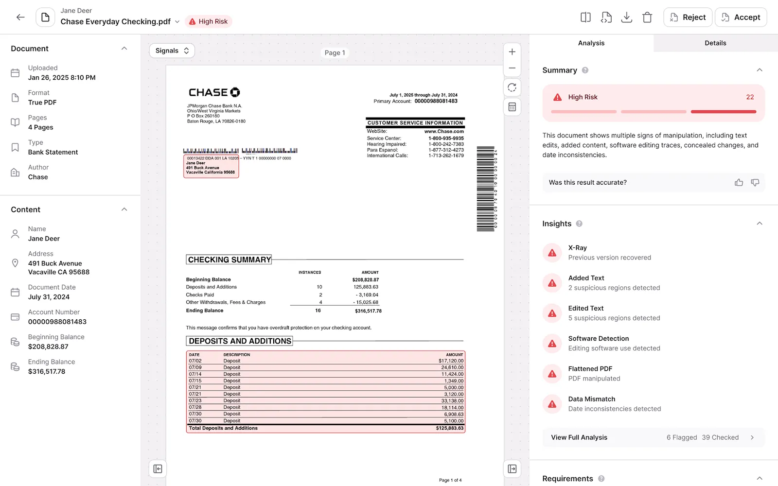 Inscribe AI's platform analyzing a Chase bank statement flagged as High Risk, showing Document X-Ray insights including edited text, added text, software detection, flattened PDF, and data mismatch signals.