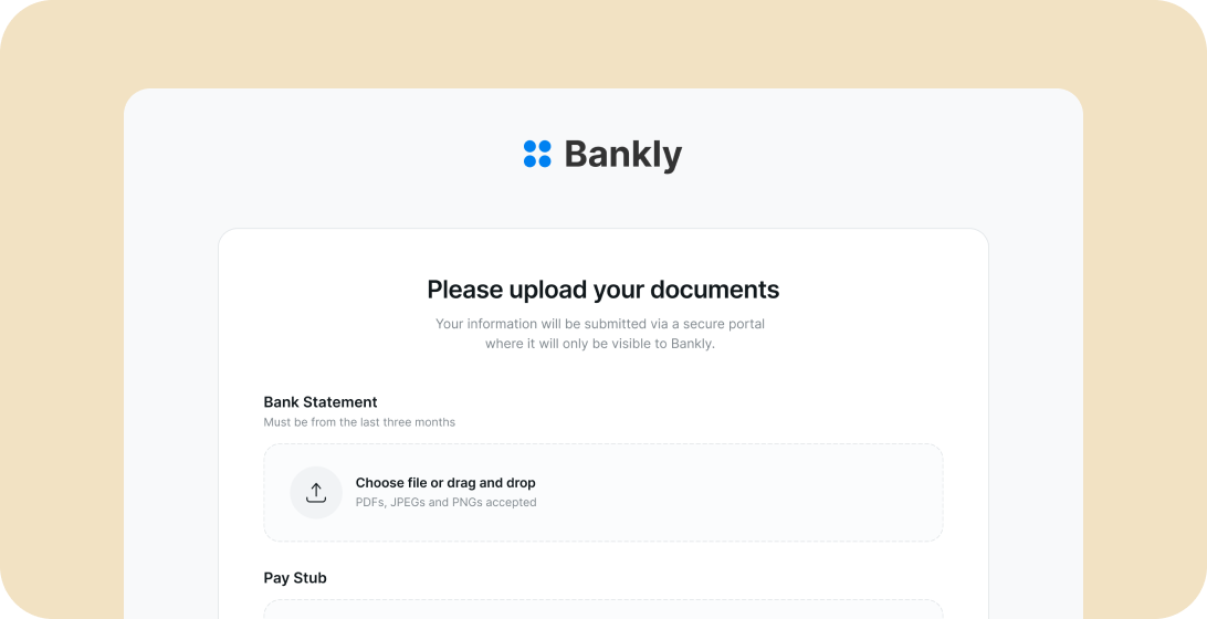 Secure document upload portal requesting bank statements and pay stubs for financial verification, accepting PDFs, JPEGs, and PNGs.