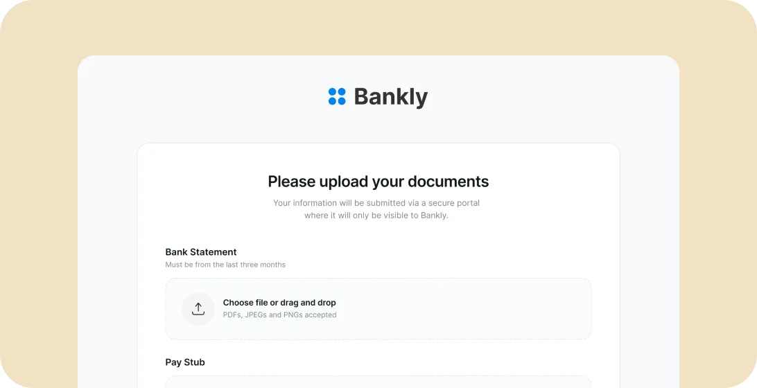 Secure document upload portal requesting bank statements and pay stubs for financial verification, accepting PDFs, JPEGs, and PNGs.