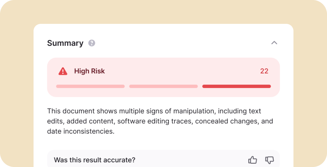 Inscribe Trust Score summary showing a High Risk rating of 22 with plain-language explanation flagging text edits, added content, software editing traces, concealed changes, and date inconsistencies.