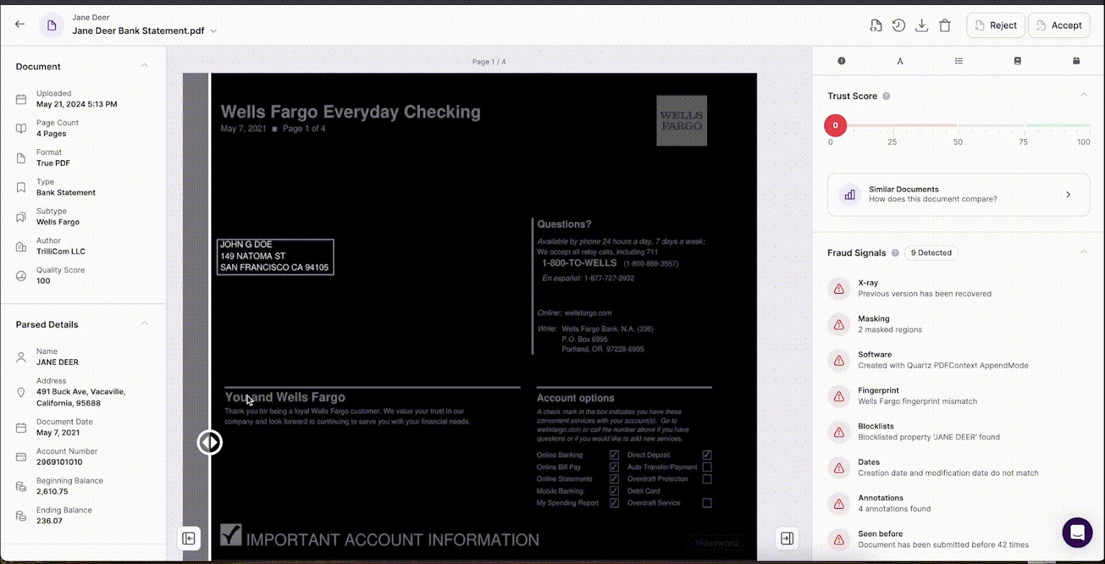 GIF of Inscribe's document x-ray feature analyzing a Wells Fargo bank statement.
