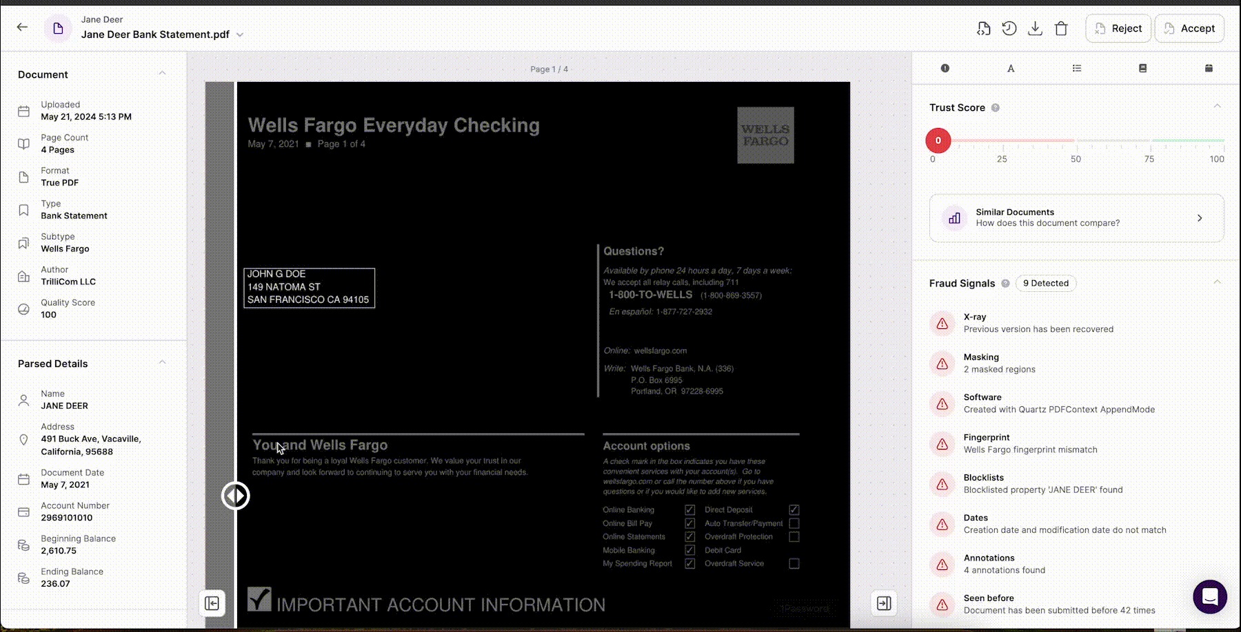 Animated demonstration of Inscribe's Document X-Ray feature revealing hidden edits and revision history in a bank statement, showing a Trust Score of 0 and multiple fraud signals including masking, fingerprint mismatch, and blocklist matches