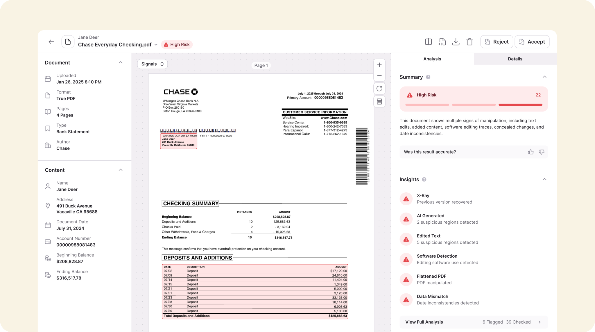 Inscribe UI showing a Chase bank statement flagged as High Risk with a Trust Score of 22 and fraud signals including X-Ray, Edited Text, Software Detection, and Data Mismatch