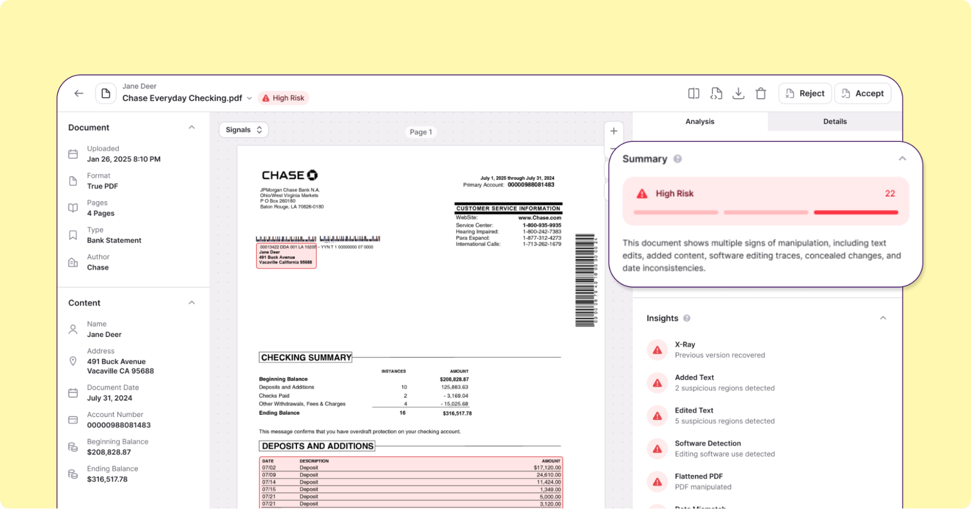 Inscribe document detector flagging a Chase bank statement as High Risk with a Trust Score of 22