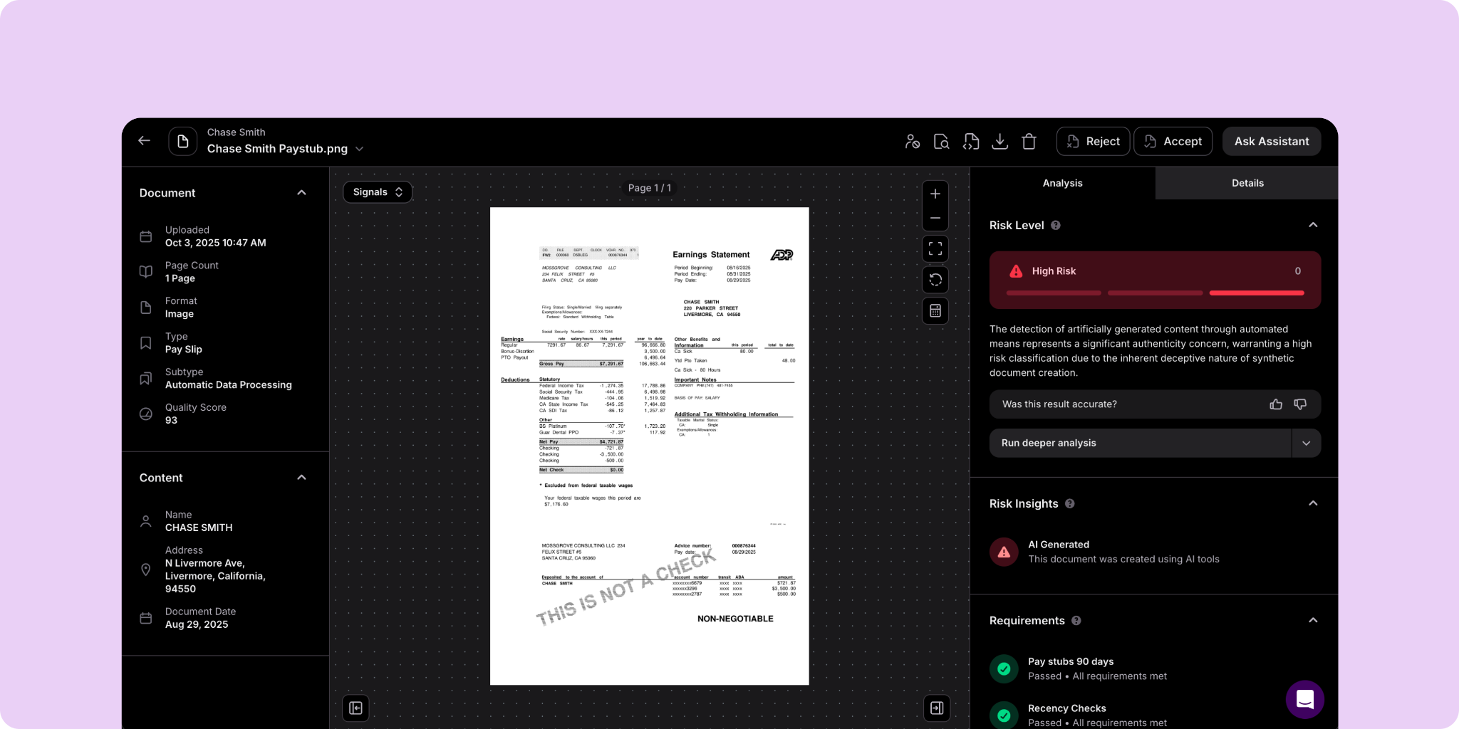 Inscribe dashboard flagging a pay stub for Chase Smith as High Risk, with AI-generated content detected as the primary fraud signal.