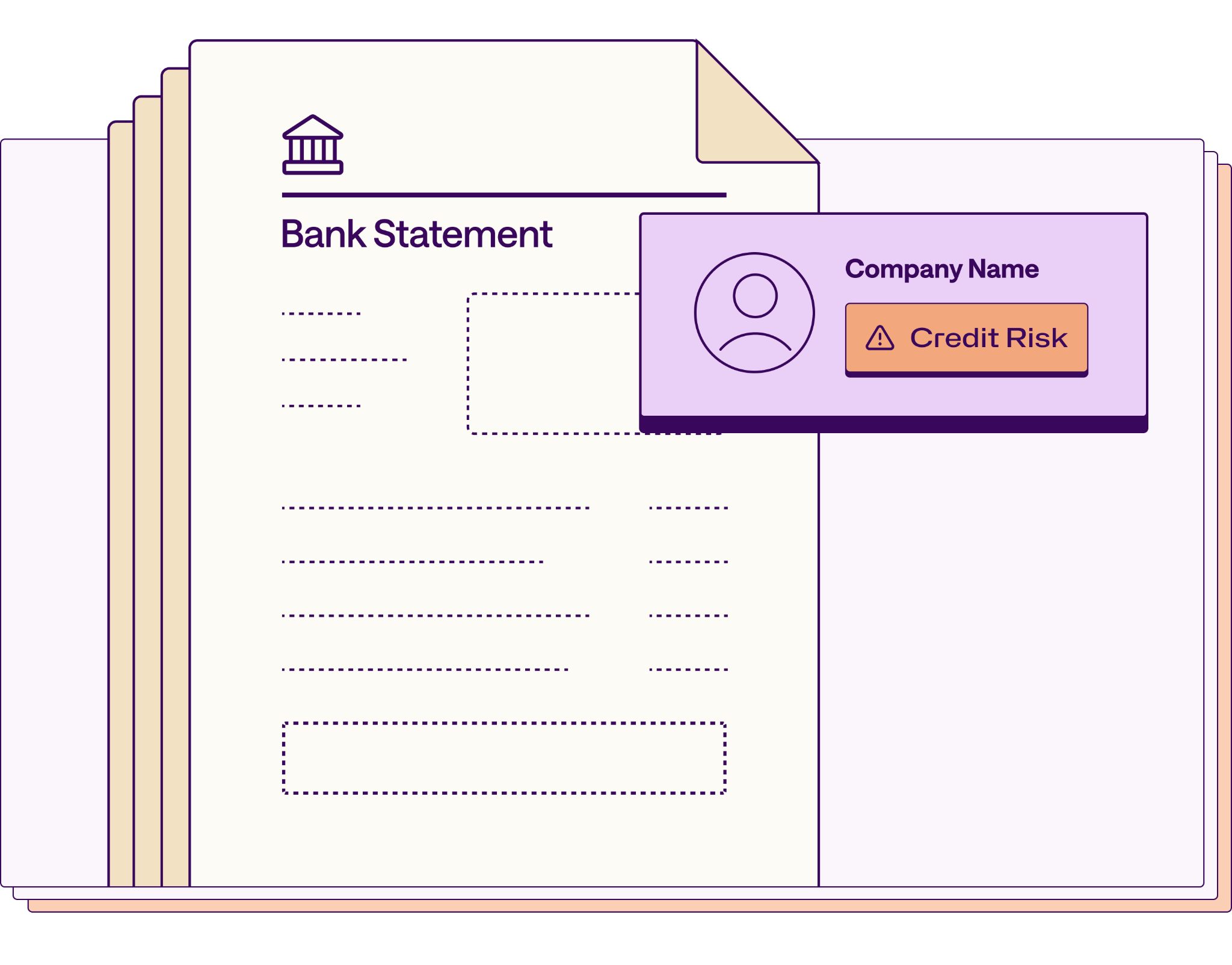 Illustration of a bank statement flagged with a credit risk alert by Inscribe AI.
