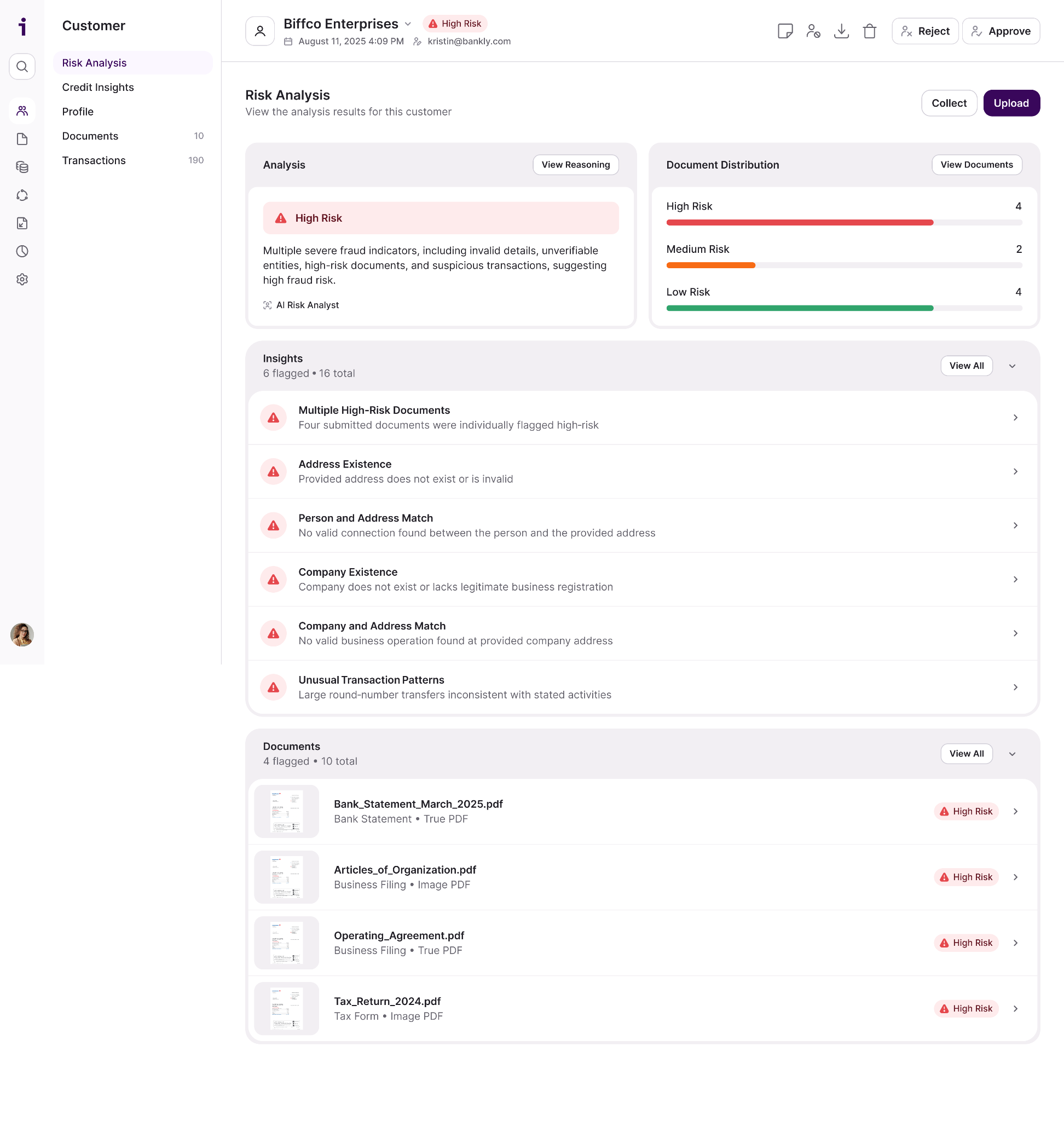 Inscribe dashboard showing risk analysis