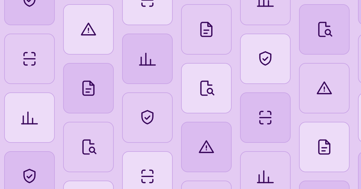 A repeating purple-on-lilac icon pattern representing document fraud detection, featuring documents, shields, magnifying glasses, warning triangles, and bar charts.