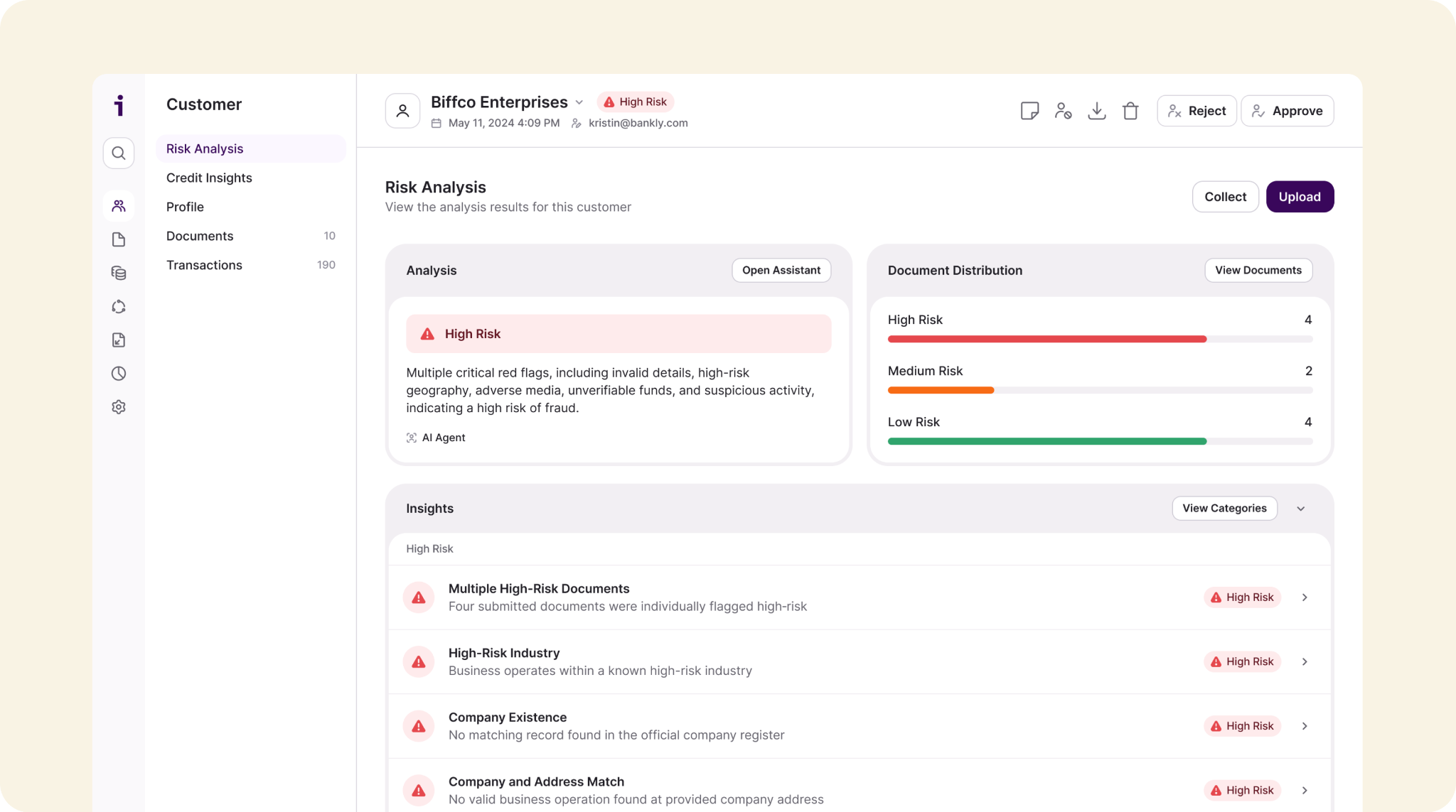 Dashboard view of Inscribe's risk analysis interface showing a "High Risk" flag for a business customer, with document distribution stats and individual risk insights listed below.