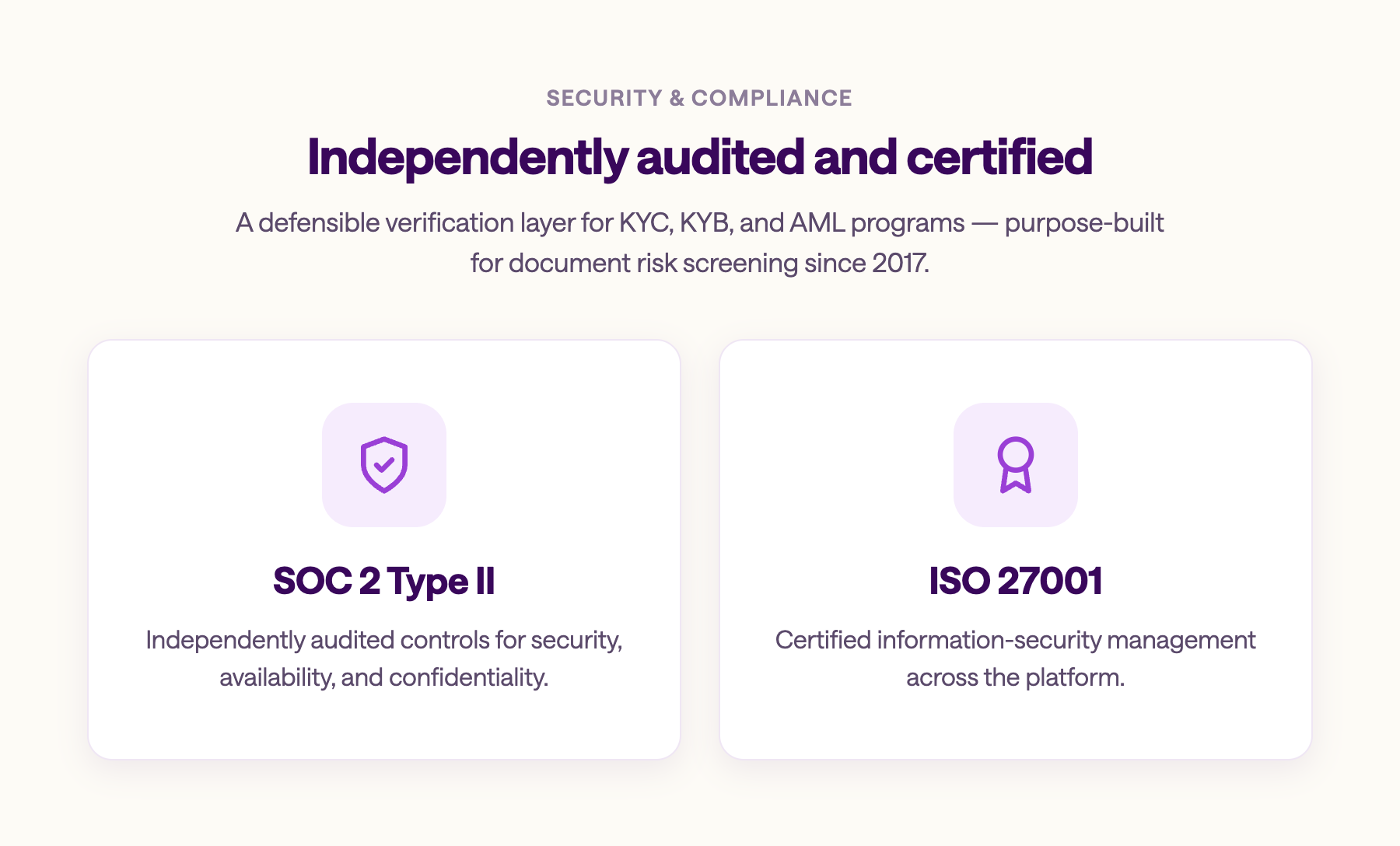 Security and compliance section showing two certifications: SOC 2 Type II for independently audited controls covering security, availability, and confidentiality; and ISO 27001 for certified information-security management across the platform.