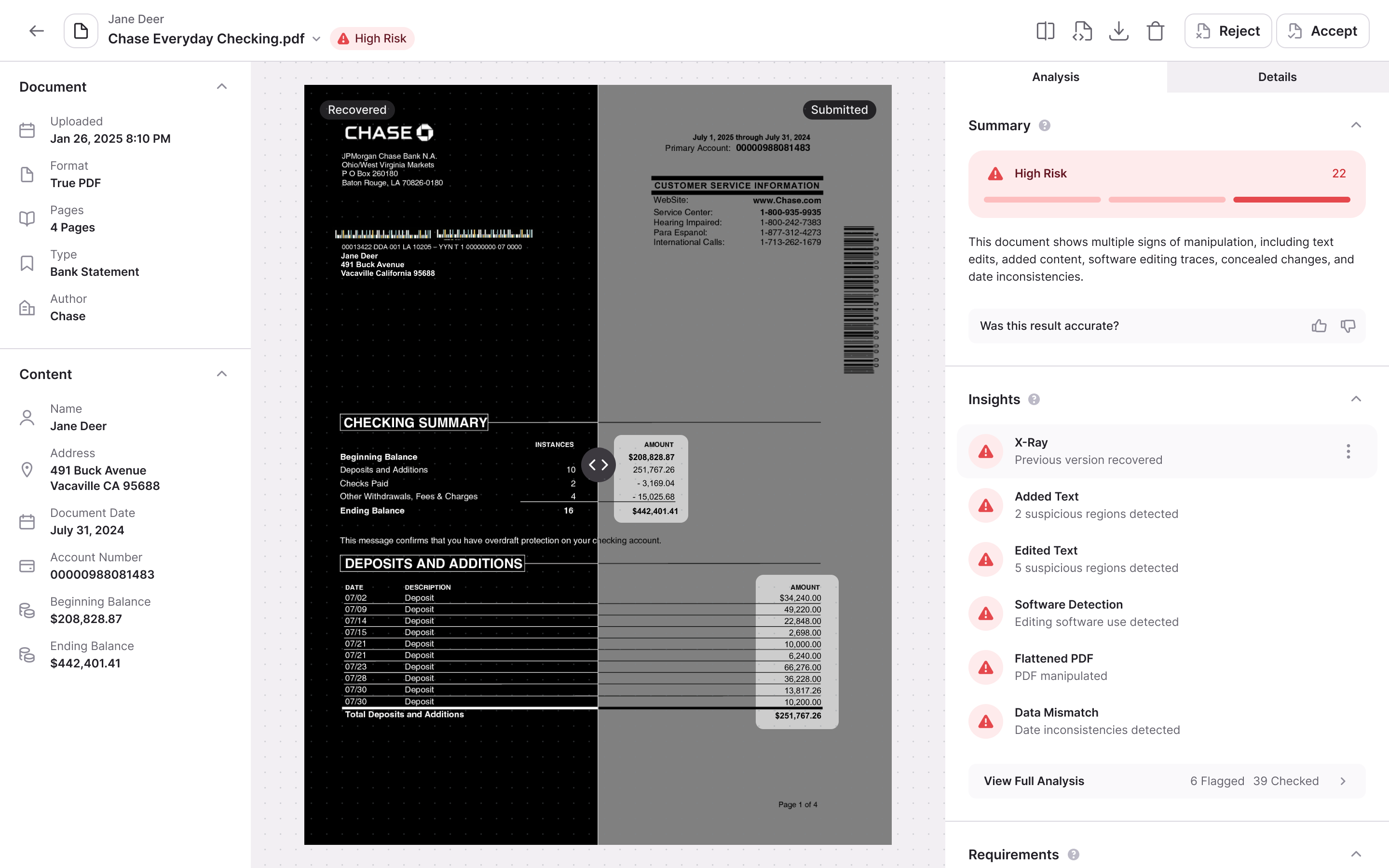 Inscribe's Document X-Ray flagging a Chase bank statement as high risk, with detected edits highlighted and a list of insights including added text, edited text, and software detection.