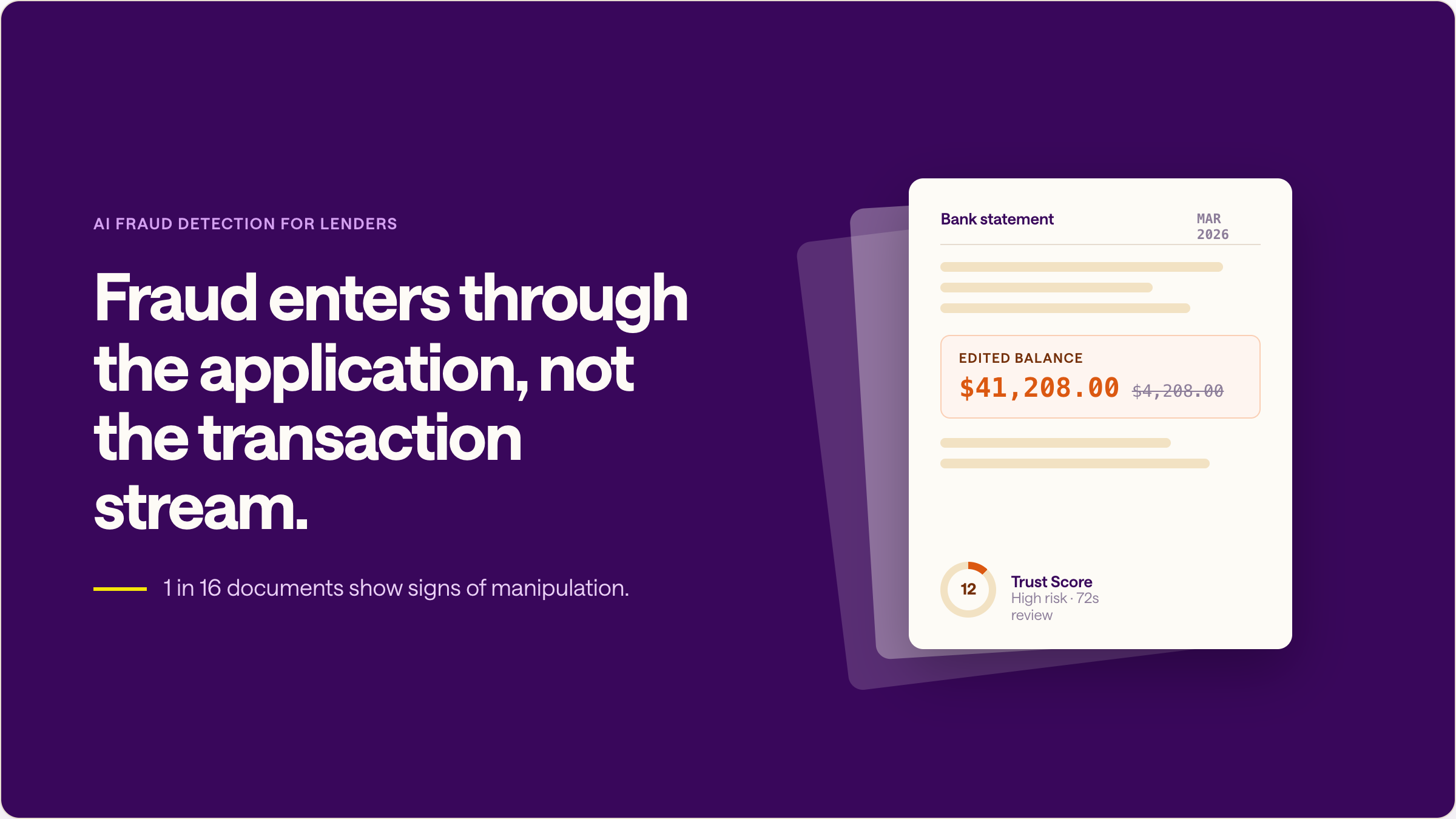 AI fraud detection for lenders: a bank statement with an edited balance flagged high risk with a Trust Score of 12.