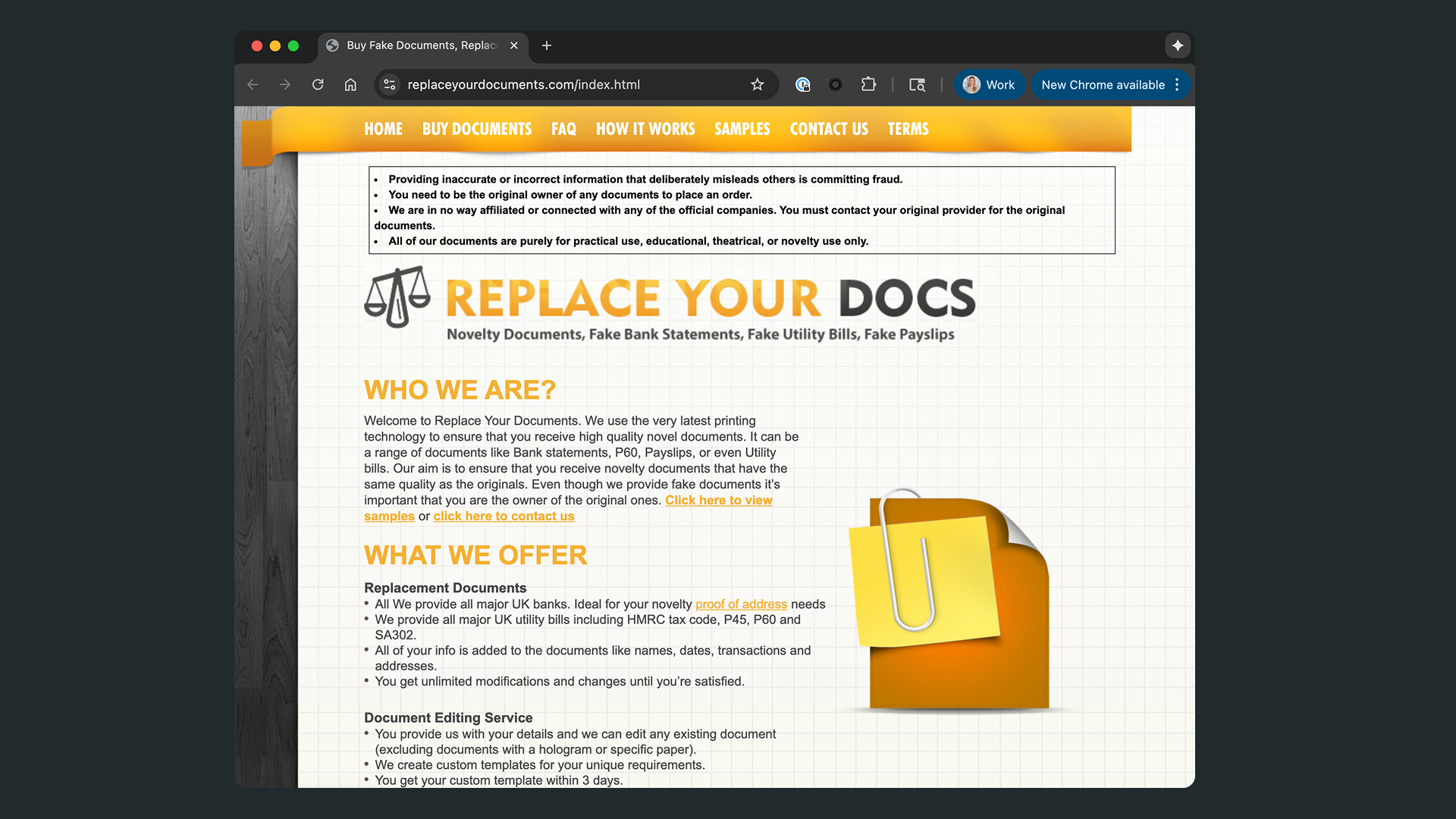 Screenshot of an online marketplace selling editable bank statement and pay stub templates used for document fraud