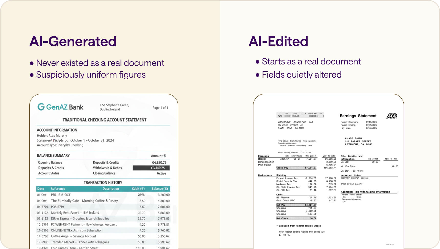 Comparison graphic contrasting AI-generated documents, built from scratch with visible formatting, against AI-edited documents, which start as real documents with altered fields and are harder to detect.