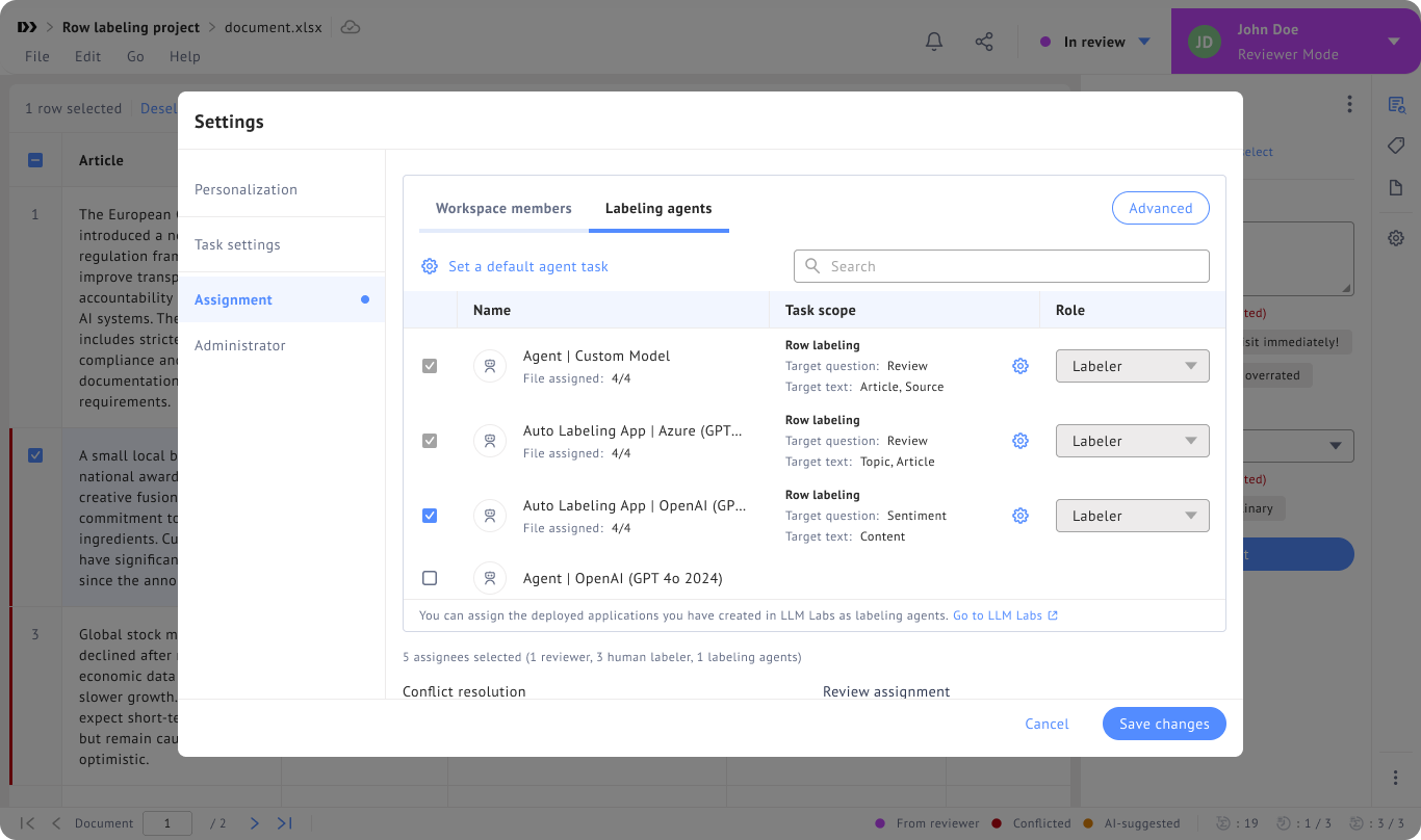 Assigning and configuring a Labeling Agent from the Assignment tab in Project Settings