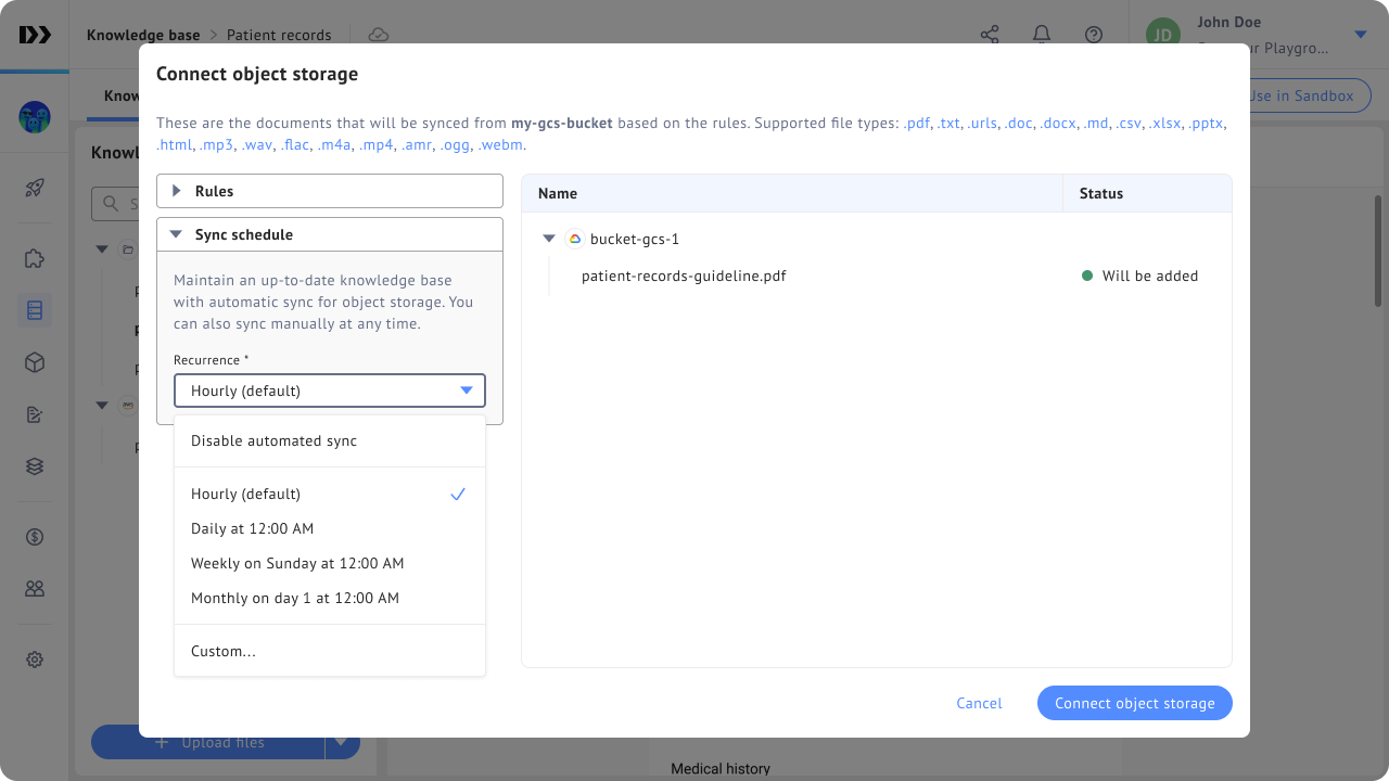 Editing an External Object Storage sync schedule in LLM Labs