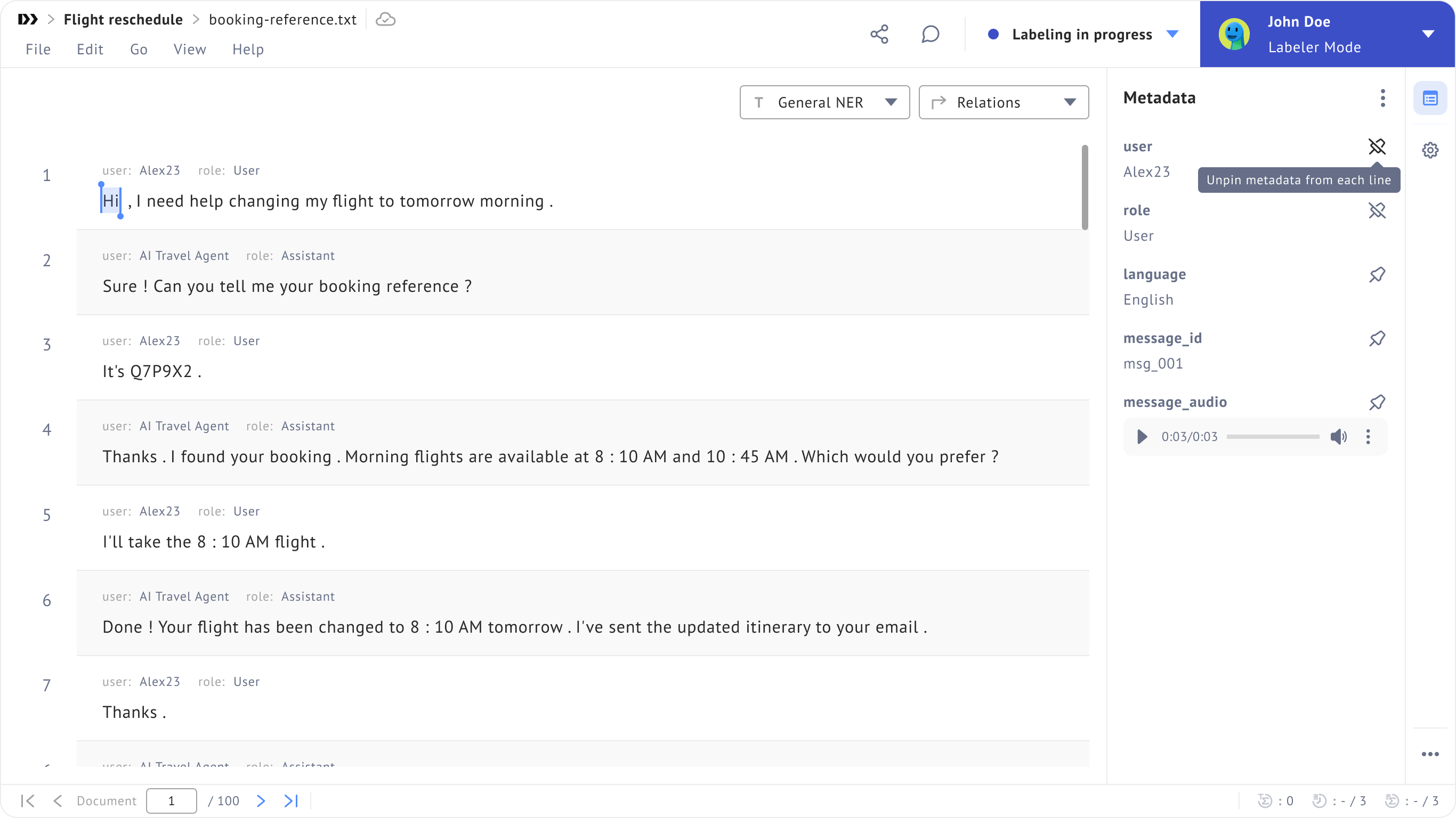 Pinned metadata fields saved per user in the Metadata extension