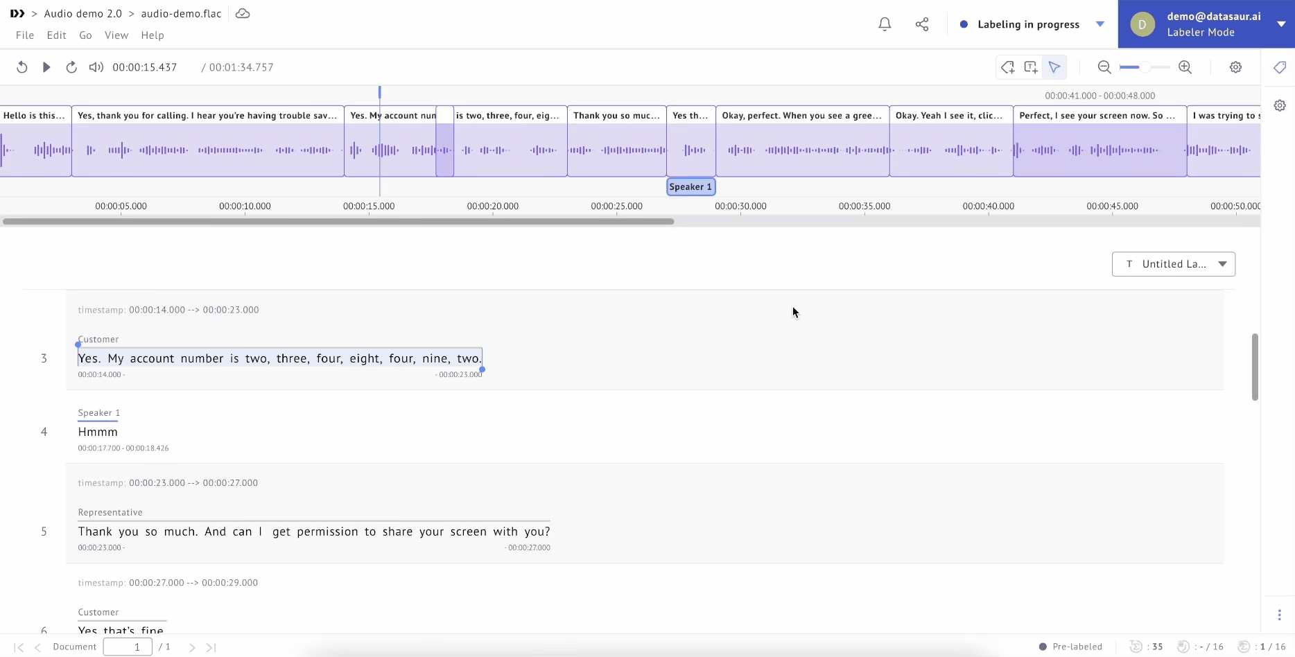 Snapping an audio segment into place on the labeling timeline