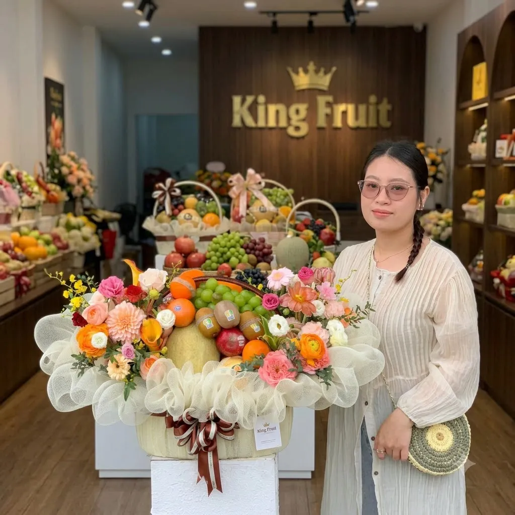 Kệ trưng bày lựu, dâu, việt quất và hộp giỏ hoa quả nho, cam tại cửa hàng King Fruit — King Fruit thị xã Ba Đồn, Quảng Bình