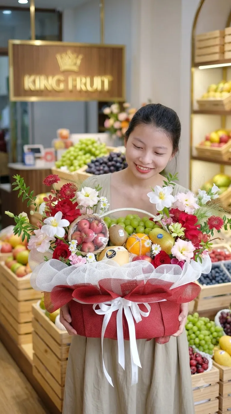 Nhân viên bê hộp giỏ hoa quả nho xanh, cam và hoa lay ơn tại cửa hàng King Fruit — King Fruit thị xã Mường Lay, Điện Biên