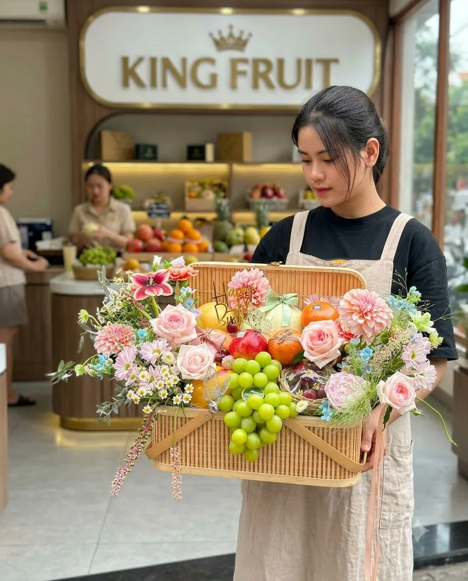 Cô gái cười cầm giỏ hoa quả nho, kiwi, dưa lưới và hoa hồng đỏ tại cửa hàng King Fruit — King Fruit huyện Tân Lạc, Hòa Bình