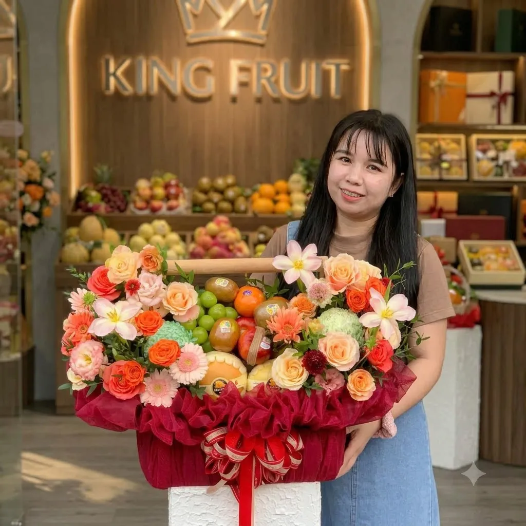 Nữ nhân viên cười ôm giỏ hoa quả hoa hồng cam, dâu tây tại cửa hàng King Fruit — King Fruit Cần Đước, Long An