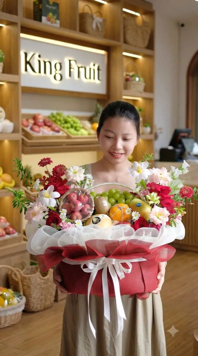 Nhân viên nữ bê hộp giỏ hoa quả táo, nho xanh, cam quýt và hoa hồng đỏ tại King Fruit — King Fruit thành phố Thuận An, Bình Dương