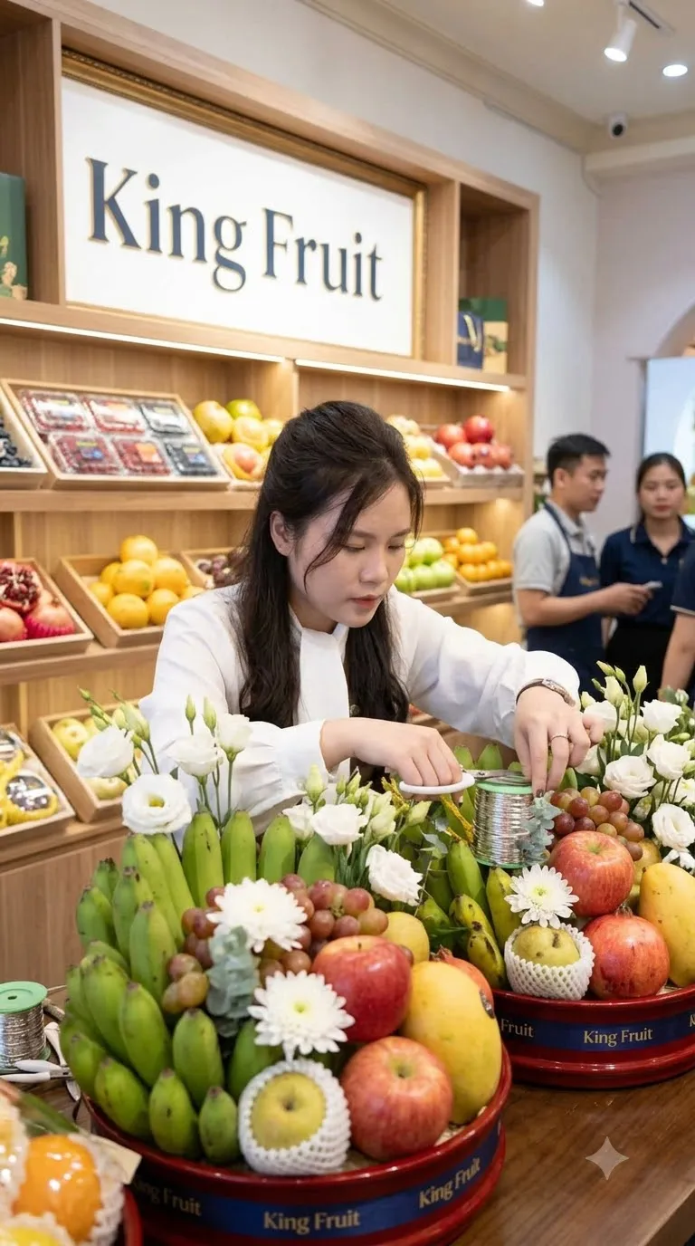 Nhân viên cắm giỏ hoa quả chuối, táo, nho và hoa cúc trắng trong khay có chữ King Fruit — King Fruit Trần Văn Thời, Cà Mau
