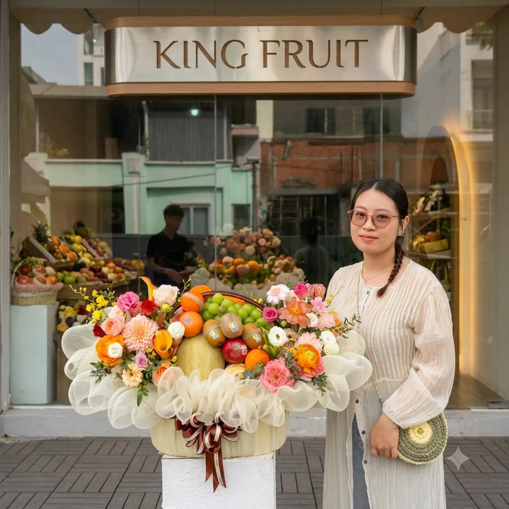 Người phụ nữ đứng cạnh giỏ hoa quả cam, nho xanh và hoa hồng trước cửa hàng King Fruit — King Fruit huyện Tu Mơ Rông, Kon Tum