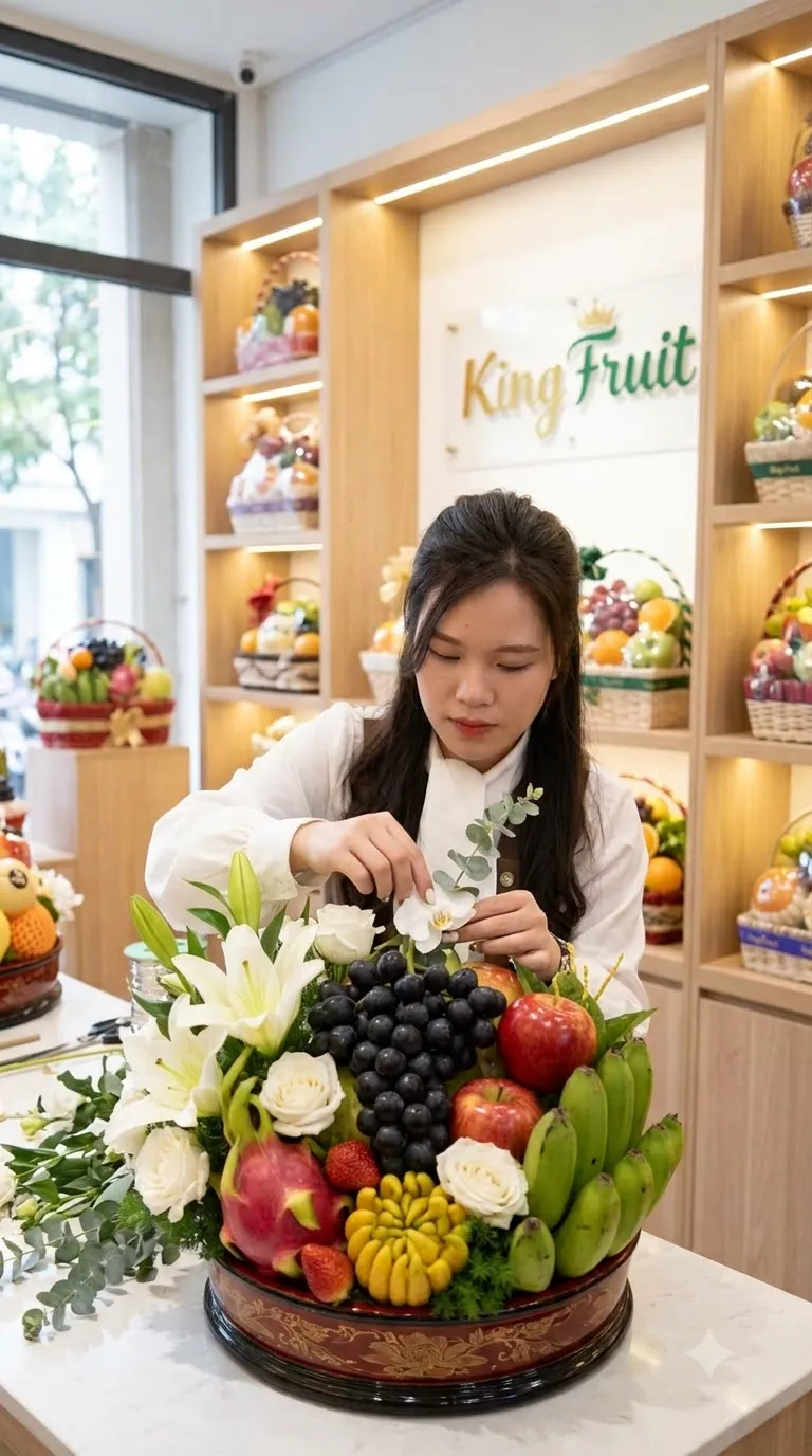 Nhân viên cắm giỏ hoa quả nho đen, táo, chuối, thanh long và hoa loa kèn tại King Fruit — King Fruit Vĩnh Thạnh, Bình Định
