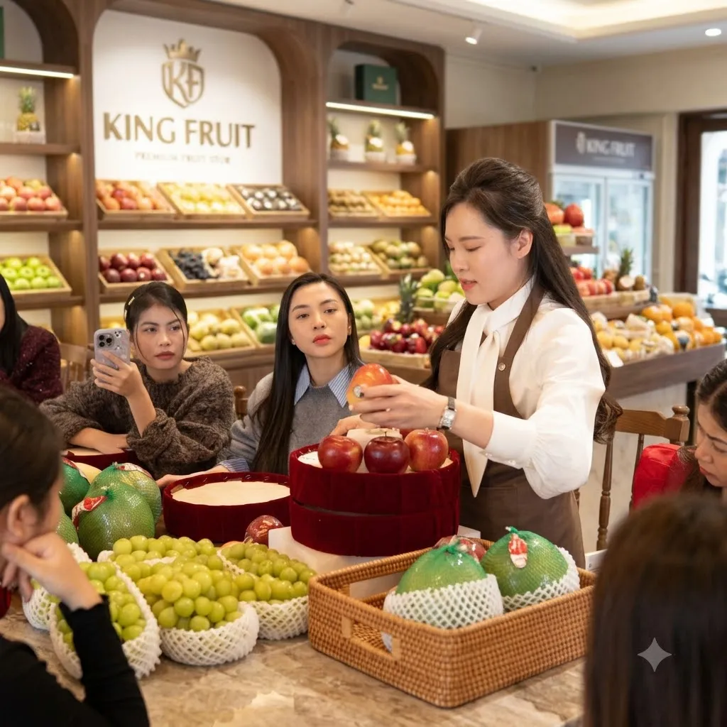 Nhân viên hướng dẫn khách chọn táo đỏ và lựu trong buổi trải nghiệm tại King Fruit — King Fruit Đắk Đoa, Gia Lai