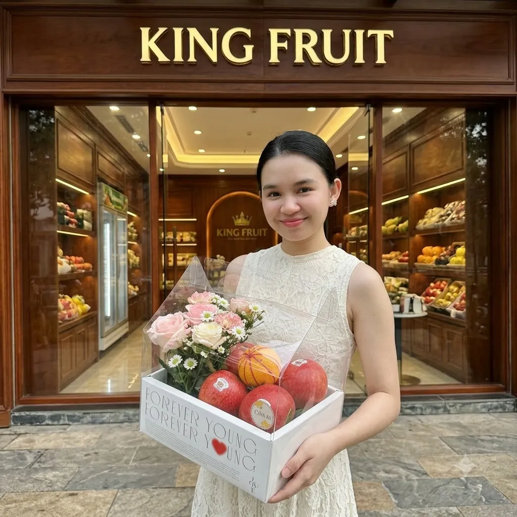 Cô gái cầm hộp quà táo đỏ, cam và hoa hồng trắng trước cửa hàng King Fruit — King Fruit Tân Phú Đông, Tiền Giang