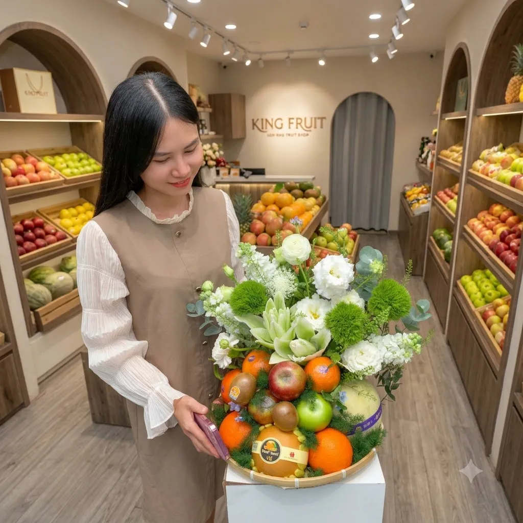 Nữ nhân viên cầm giỏ hoa quả cam, táo, kiwi và hoa cúc trắng bên kệ trái cây King Fruit — King Fruit thị xã Ba Đồn, Quảng Bình
