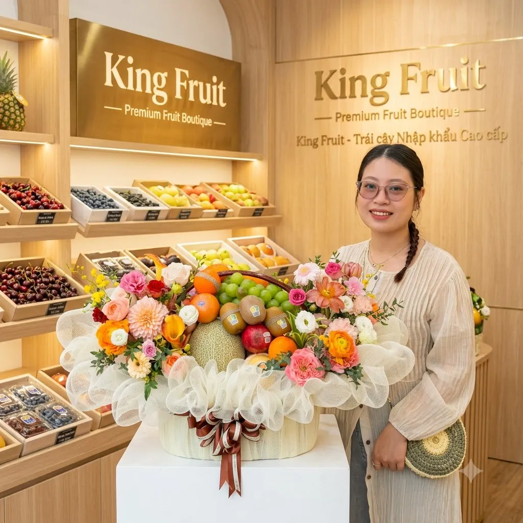 Cô gái cười cầm giỏ hoa quả nho xanh, cam, kiwi, dưa lưới và hoa hồng tại King Fruit — King Fruit huyện Châu Thành, Tây Ninh