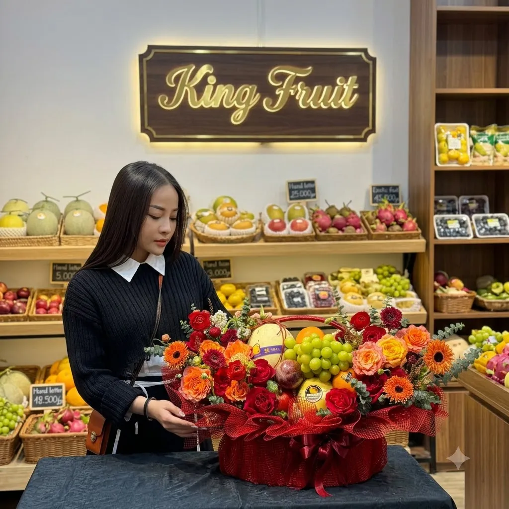 Cô gái đứng bên giỏ hoa quả nho xanh, cam, hoa hồng đỏ và hoa cúc tại cửa hàng King Fruit — King Fruit Tiên Kỳ, Tiên Phước, Quảng Nam