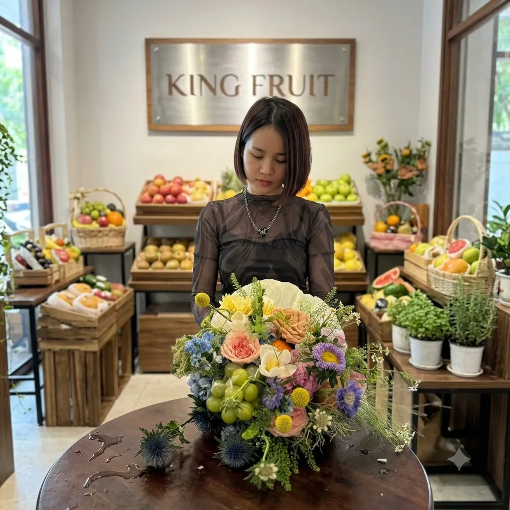 Nhân viên đứng cạnh bó hoa tươi trên bàn, phía sau là quầy trái cây và biển hiệu King Fruit. — King Fruit Tiên Kỳ, Tiên Phước, Quảng Nam