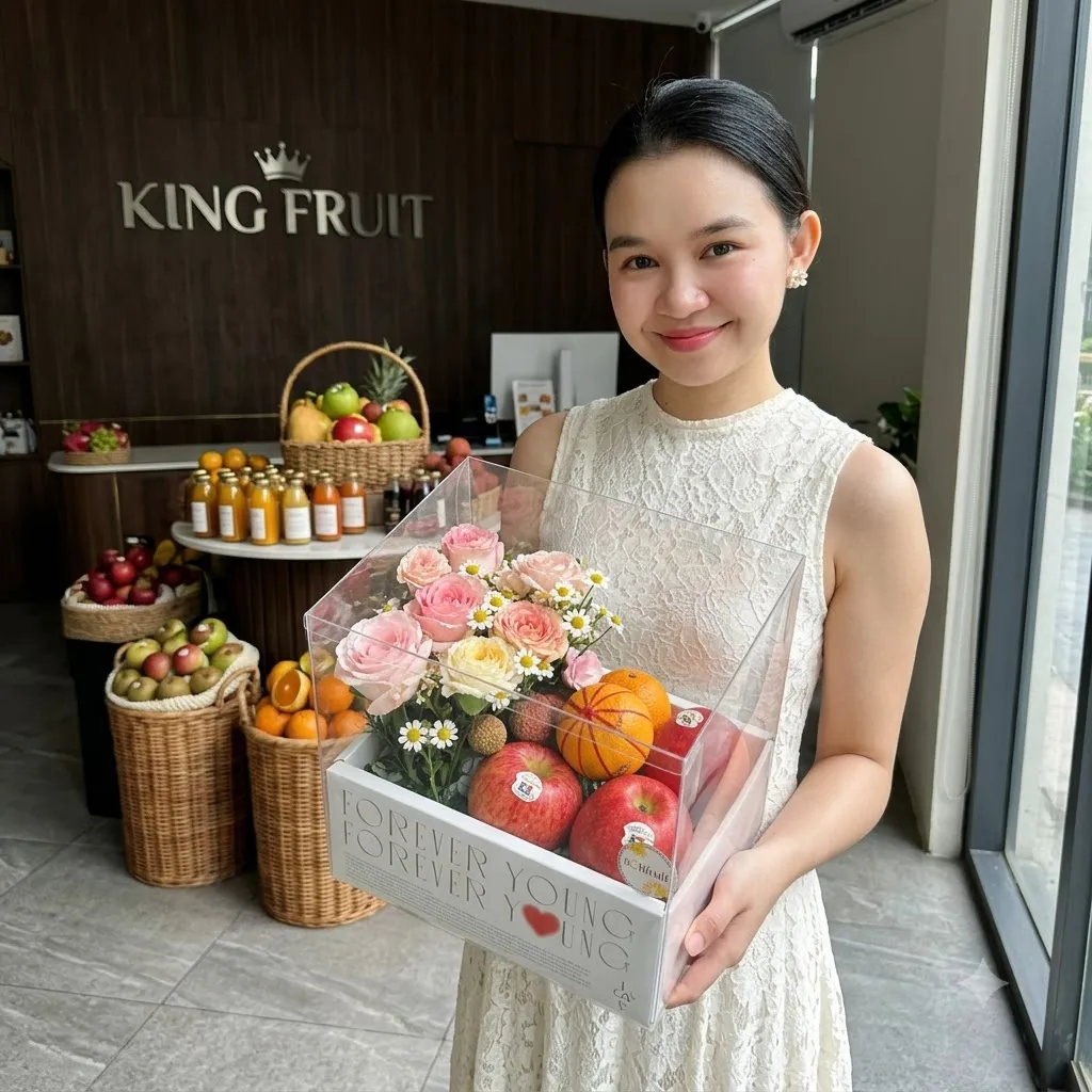 Nhân viên tươi cười cầm hộp quà hoa và trái cây trong suốt trước biển hiệu King Fruit. — King Fruit huyện Hải Hà, Quảng Ninh