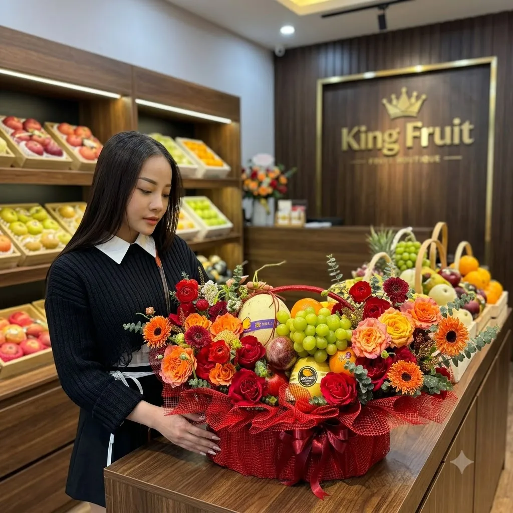 Nhân viên đứng bên giỏ hoa quả lớn bọc lưới đỏ với nho và cam trước biển King Fruit. — King Fruit K’Bang, Gia Lai