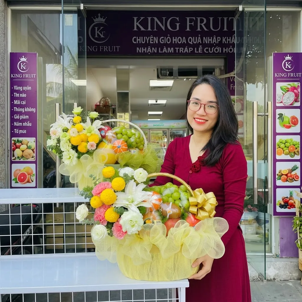 Nhân viên áo dài đỏ ôm giỏ hoa quả gói lưới vàng trước cửa hàng King Fruit. — King Fruit huyện Lộc Bình, Lạng Sơn