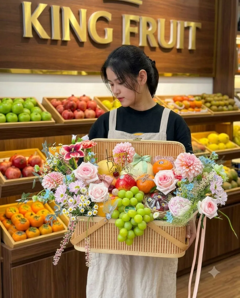 Nhân viên cầm giỏ hoa quả hình chữ nhật với nho xanh và hoa hồng trước biển King Fruit. — King Fruit Thủ Dầu Một, Bình Dương