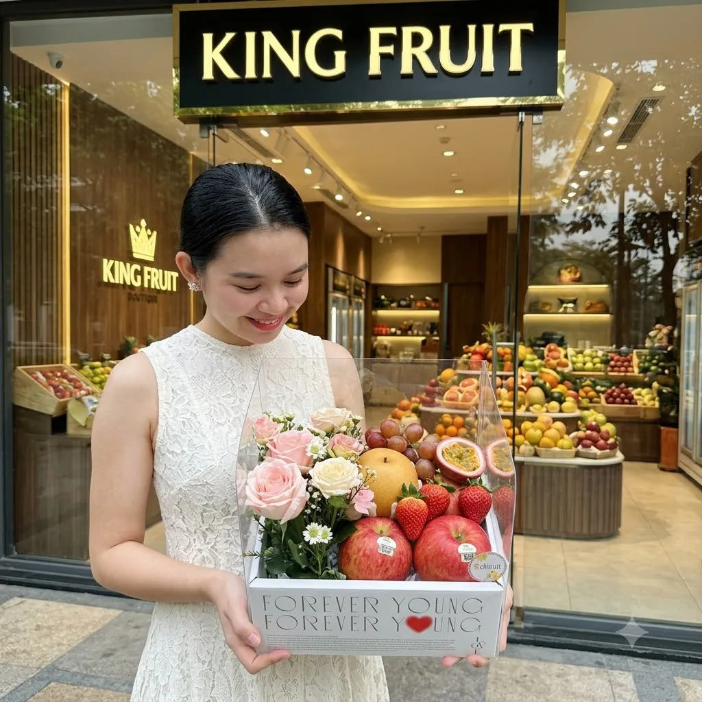 Nhân viên đứng trước cửa hàng King Fruit, tay cầm hộp quà dâu tây và hoa hồng. — King Fruit K’Bang, Gia Lai