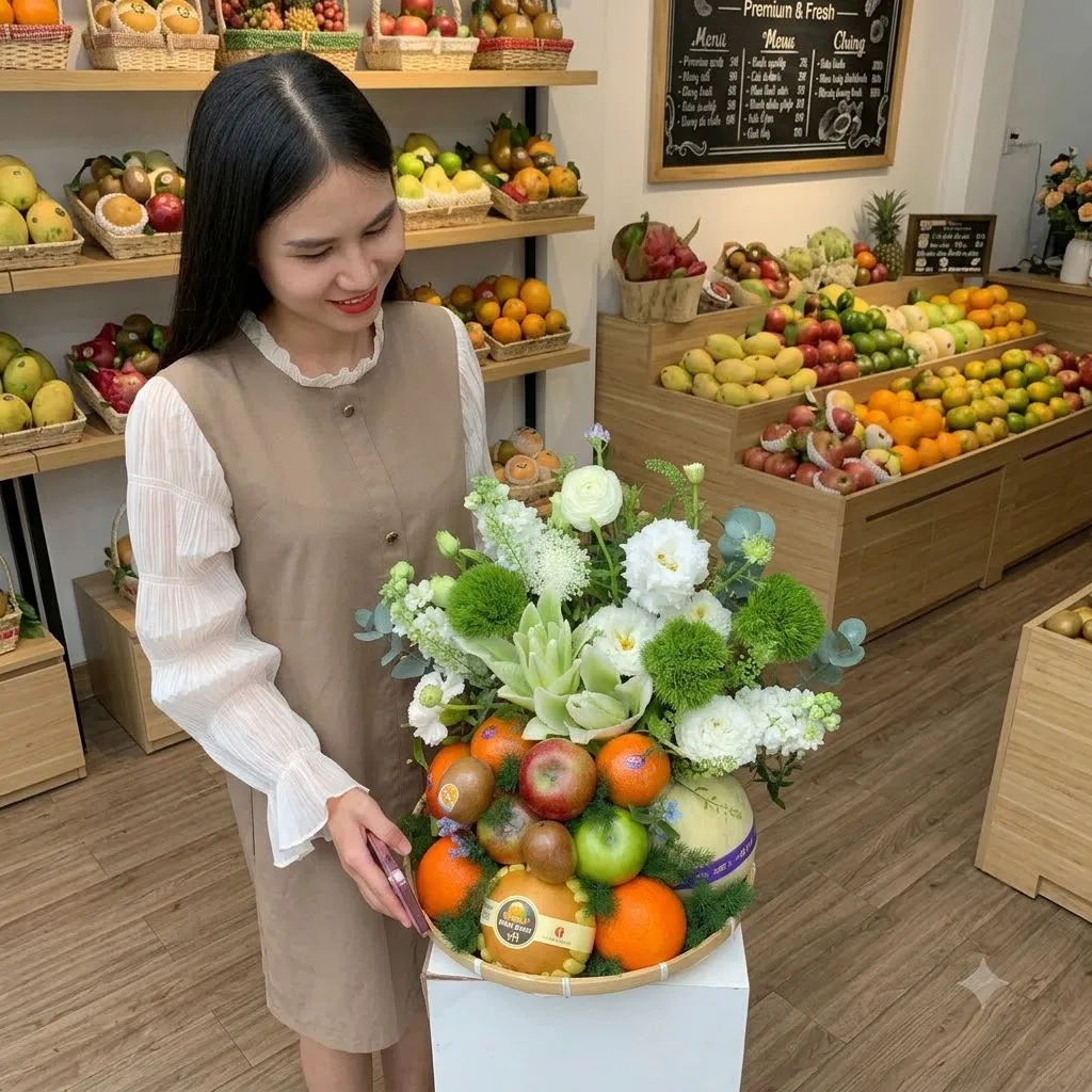 Nhân viên cầm giỏ hoa quả tông trắng xanh với kiwi và cam trong cửa hàng trái cây. — King Fruit Gò Công, Tiền Giang