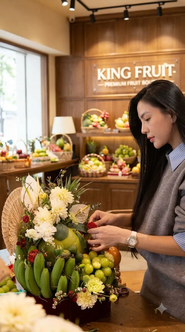 Nhân viên tỉ mỉ cắm giỏ hoa quả với chuối xanh và hoa trắng tại cửa hàng King Fruit. — King Fruit Gò Công Đông, Tiền Giang