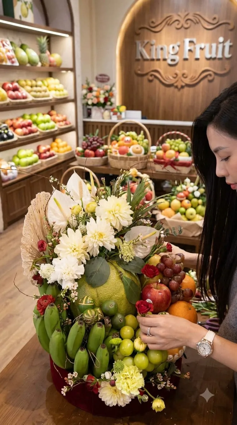 Nhân viên cắm giỏ hoa quả lớn với bưởi, chuối xanh và hoa cúc trắng tại King Fruit. — King Fruit huyện Bạch Long Vĩ, Hải Phòng