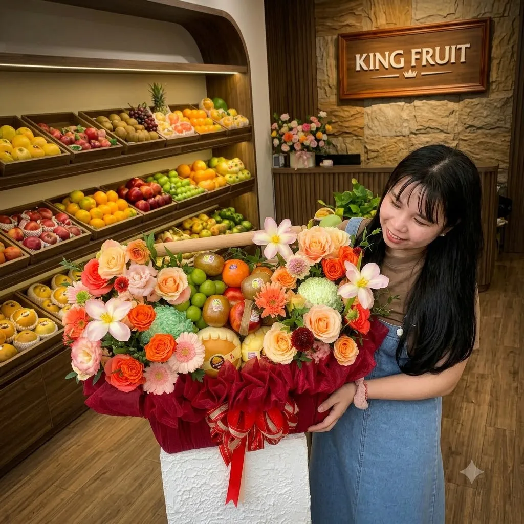 Nhân viên ôm giỏ hoa quả bọc vải đỏ với hoa hồng và trái cây trước biển King Fruit. — King Fruit huyện Chi Lăng, Lạng Sơn