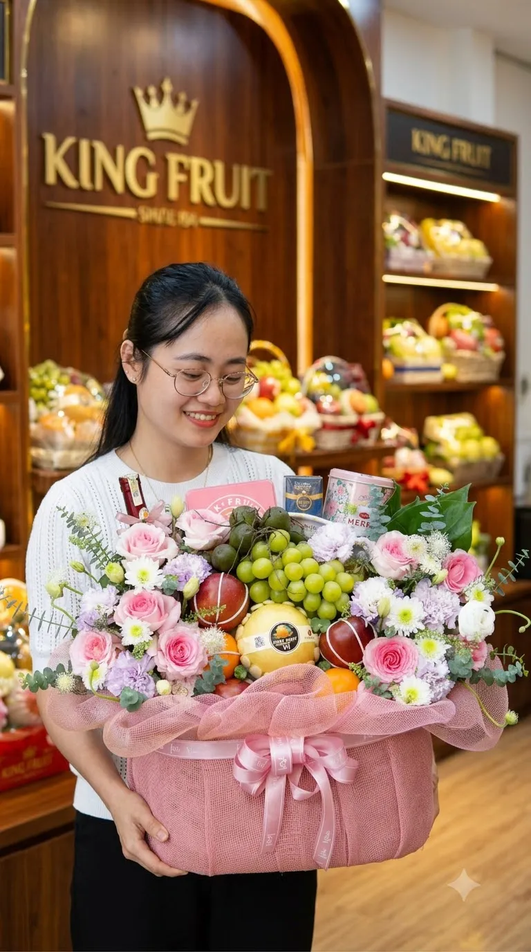 Nhân viên cầm giỏ hoa quả bọc hồng với nho xanh và hoa cẩm chướng tại King Fruit. — King Fruit huyện Bù Đăng, Bình Phước