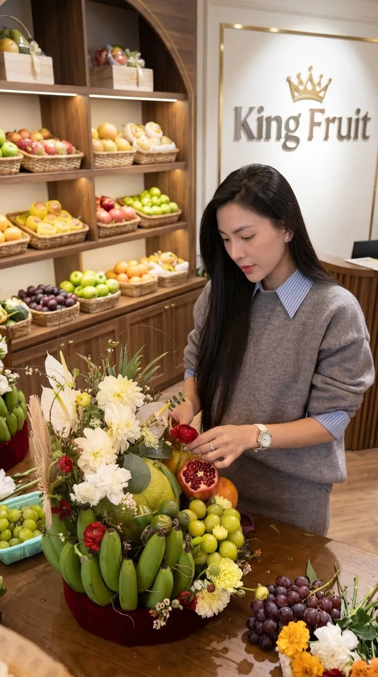 Nhân viên đang cắm giỏ hoa quả với chuối xanh và lựu đỏ tại cửa hàng King Fruit. — King Fruit thành phố Thuận An, Bình Dương