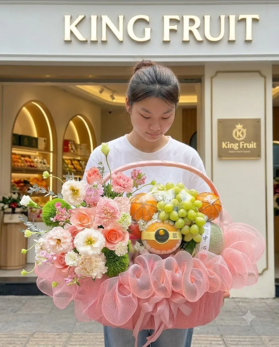 Nhân viên đứng trước cửa hàng King Fruit, tay ôm giỏ hoa quả bọc lưới hồng. — King Fruit thị xã Mường Lay, Điện Biên